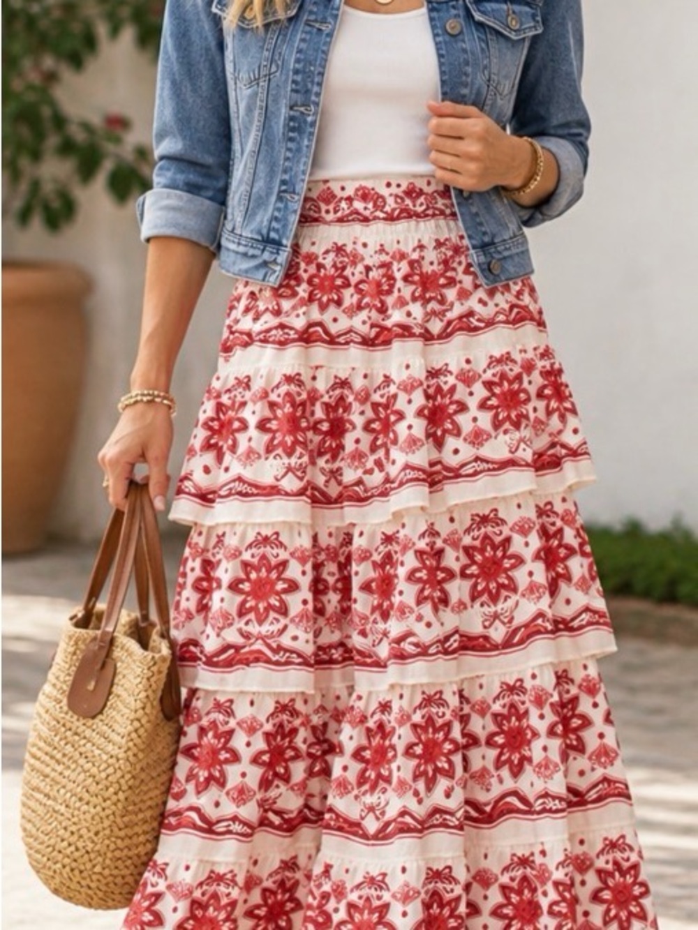 FARM Rio Tiered Maxi Skirt in Rust and Cream Floral